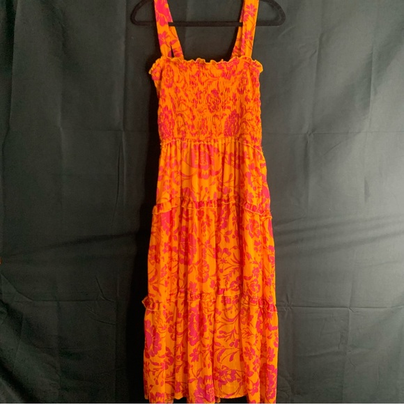NWT Umgee Vibrant Orange and Pink Floral Smocked Tiered Dress, size L - Picture 10 of 10
